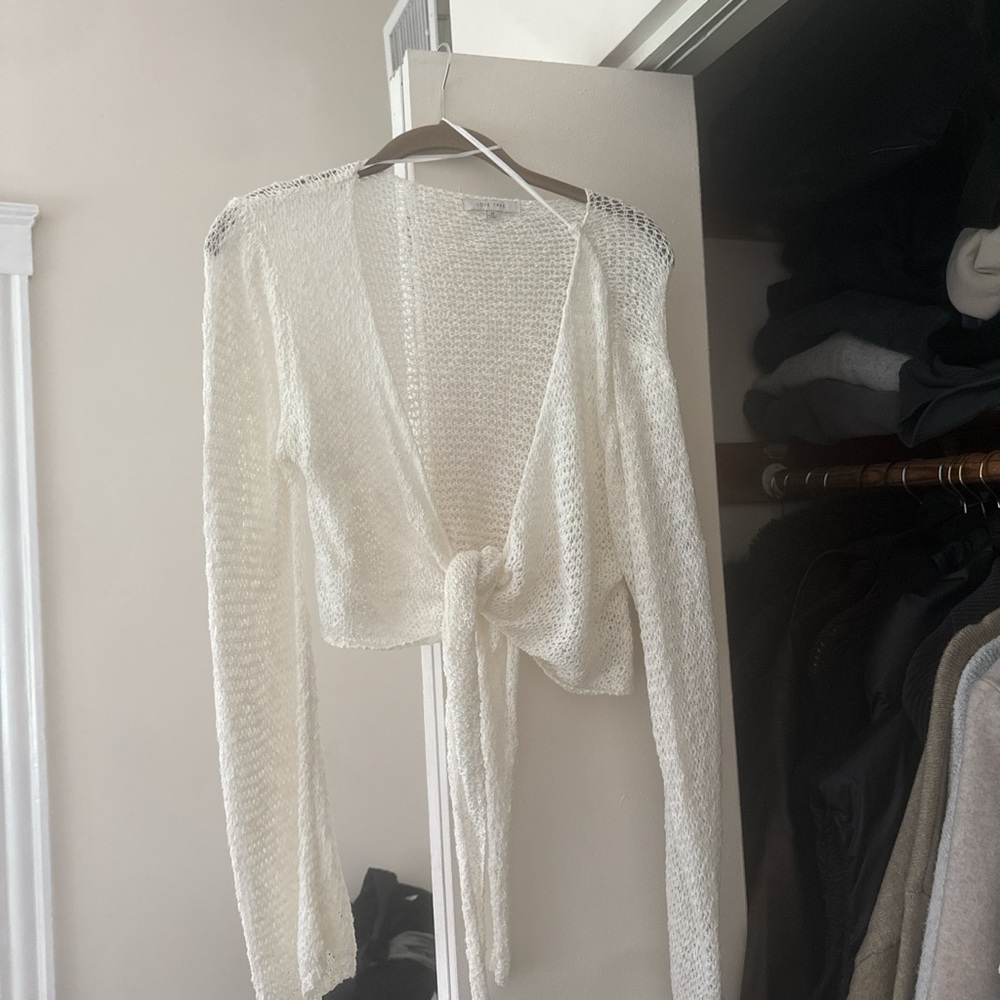 Love Tree Open-Knit Tie-Front Sweater Cardigan in Cream